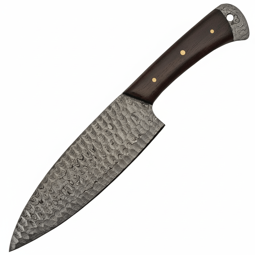 Damascus steel knife with wood handle. Full tang. Lanyard hole. - Hadi Craft