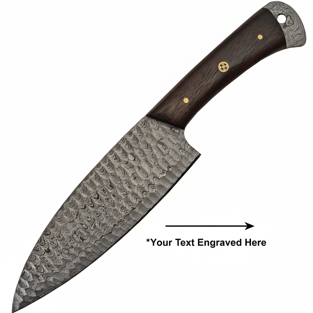 Damascus steel knife with wood handle. Full tang. Lanyard hole. - Hadi Craft