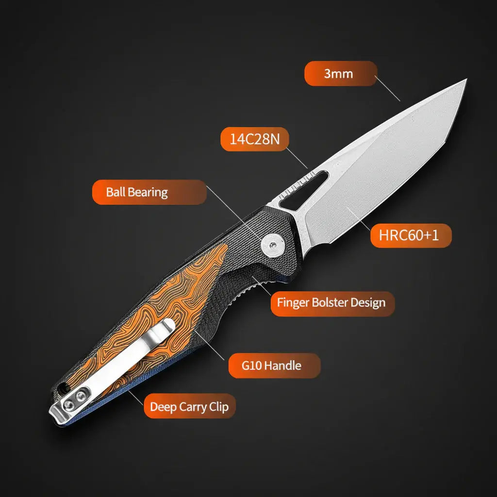 EDC Folding Pocket Knife 14C28N Steel, G10 Handle - Hadi Craft