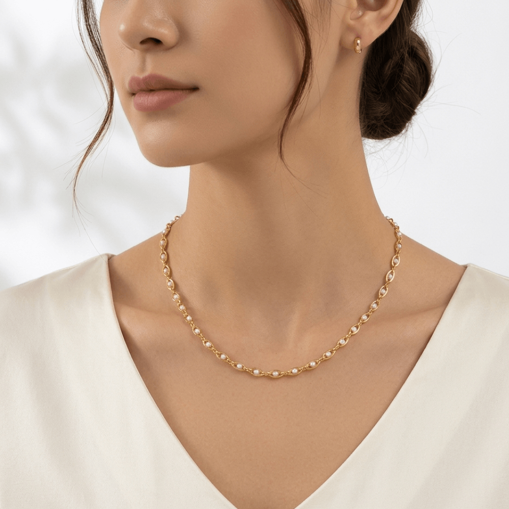 Elegant French Pearl Necklace for Women – 18K Copper Geometric Retro Pendant Jewelry - Hadi Craft