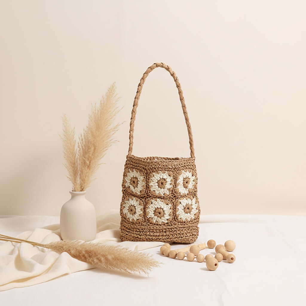 Floral Straw Shoulder Bag Hand Woven Bag - Hadi Craft