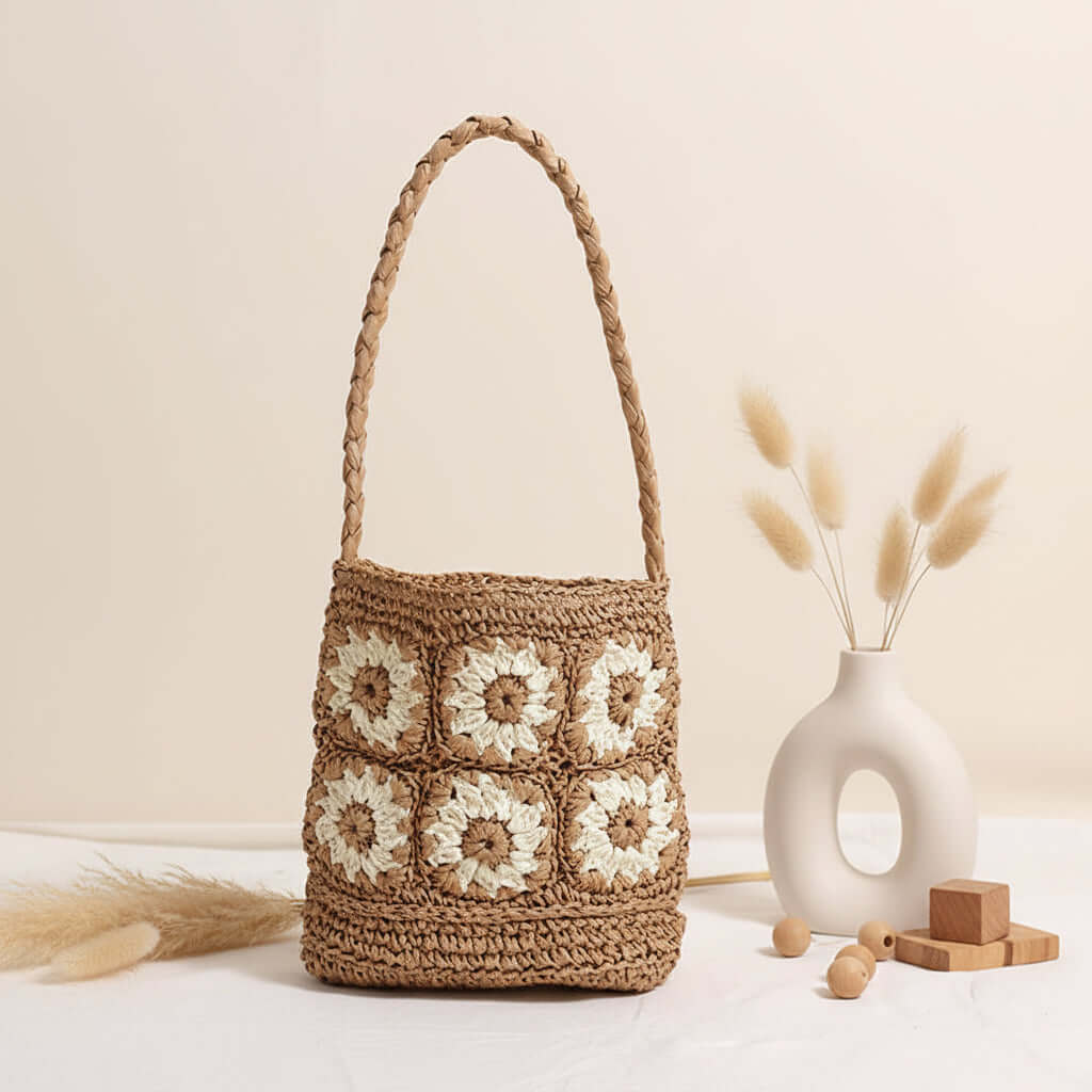 Floral Straw Shoulder Bag Hand Woven Bag - Hadi Craft