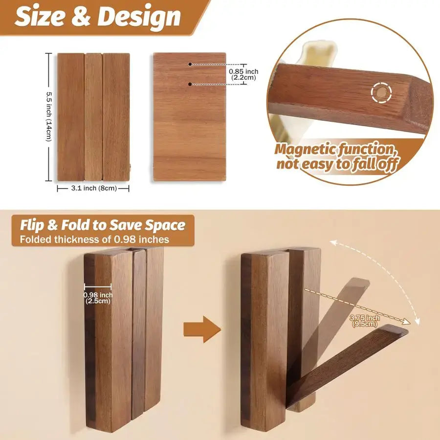 Foldable Bamboo Wall Hooks 4 Pack – Heavy Duty Space Saving Coat Rack - Hadi Craft