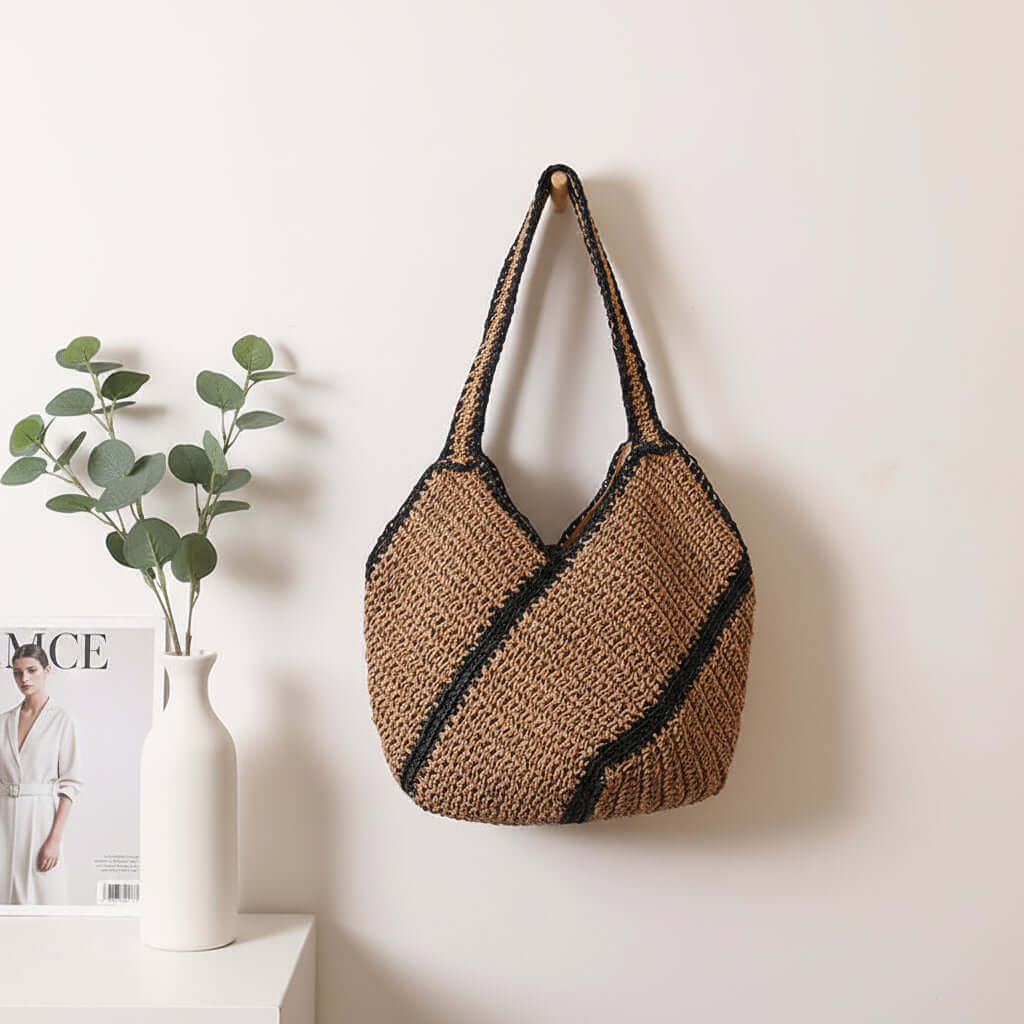 Geometric straw beach bag Shoulder Straw Bag Large Capacity Straw Bag - Hadi Craft