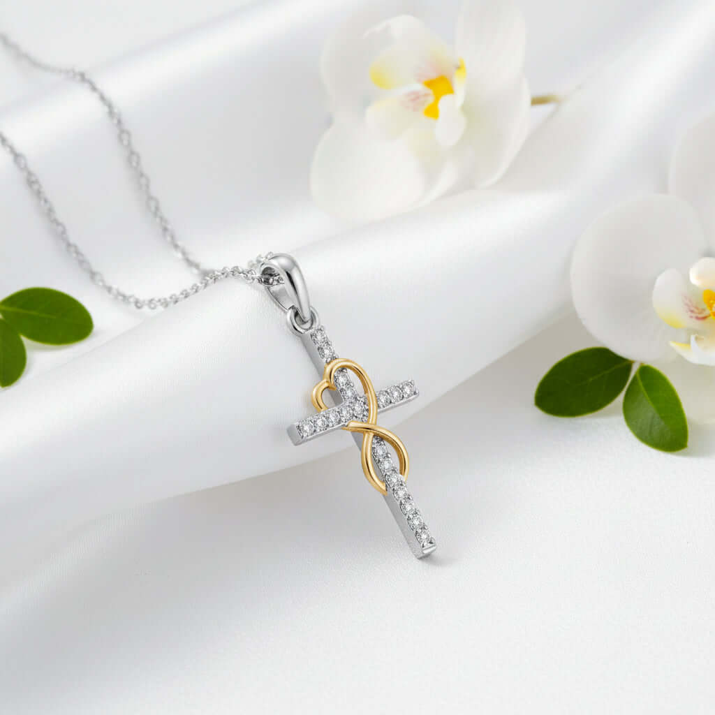 Gold Alloy Cross Necklace with Eight-Character Pendant – Unisex Jewelry - Hadi Craft