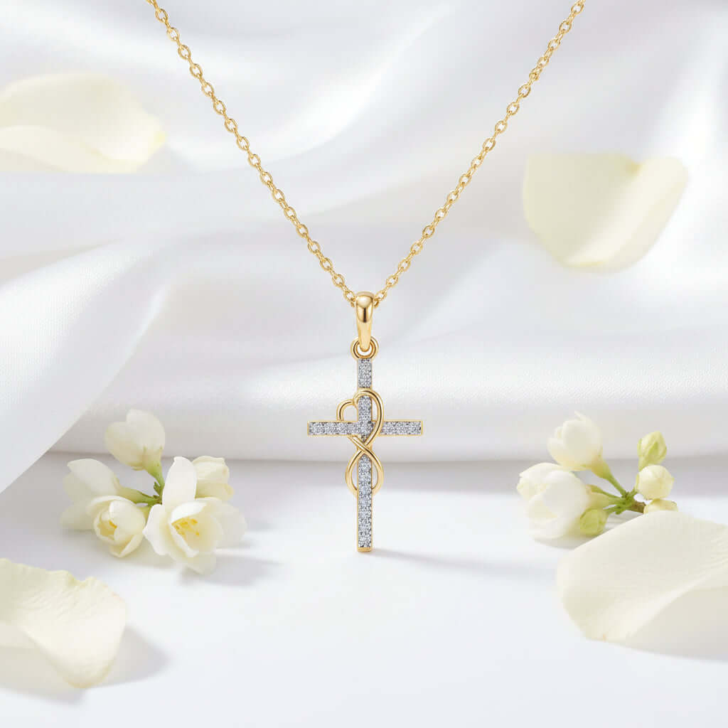 Gold Alloy Cross Necklace with Eight-Character Pendant – Unisex Jewelry - Hadi Craft