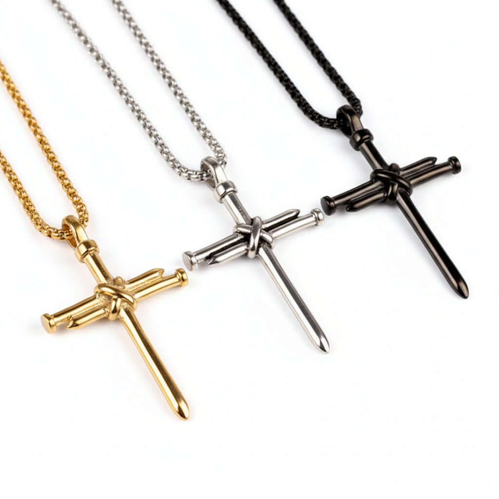 Gold and Black Cross Necklace – Men's Stainless Steel Nail Pendant - Hadi Craft