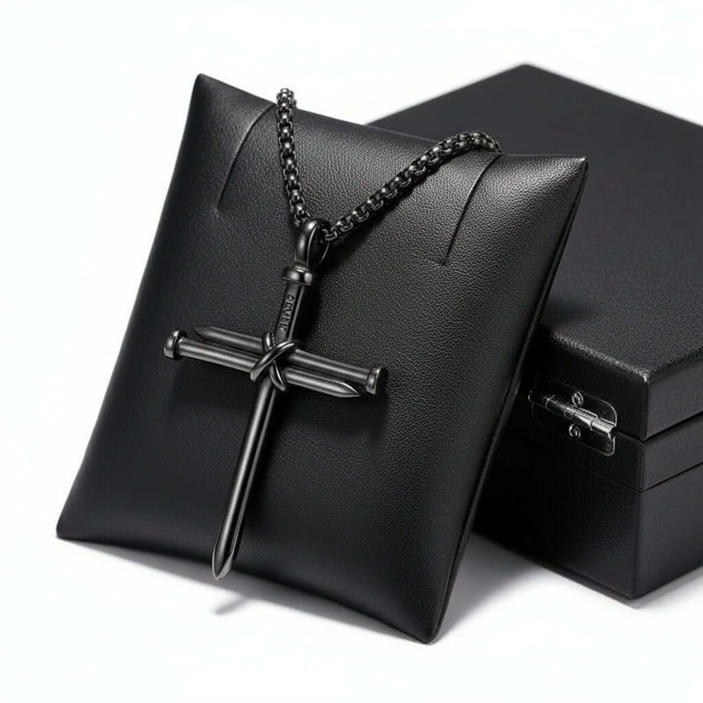Gold and Black Cross Necklace – Men's Stainless Steel Nail Pendant - Hadi Craft