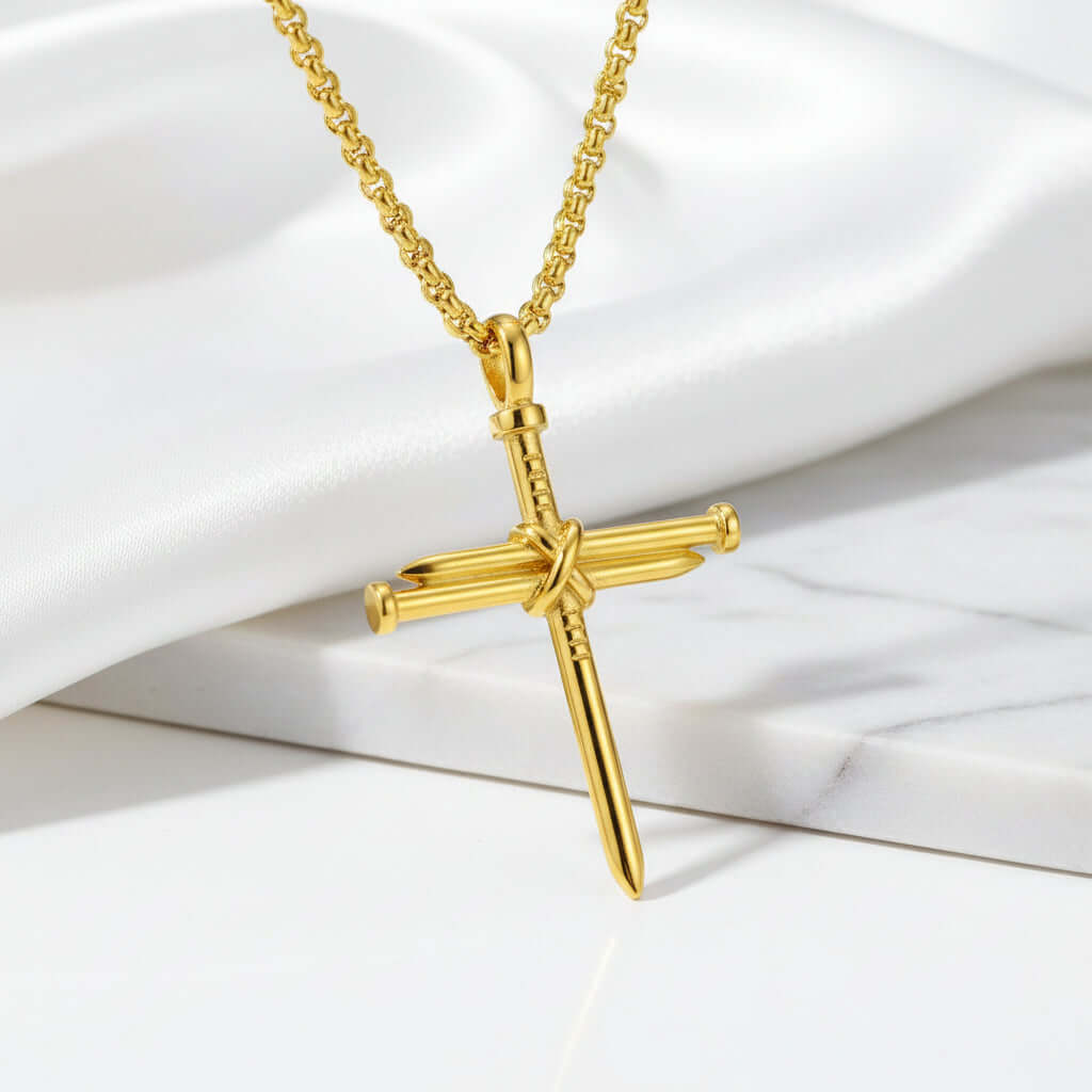 Gold and Black Cross Necklace – Men's Stainless Steel Nail Pendant - Hadi Craft