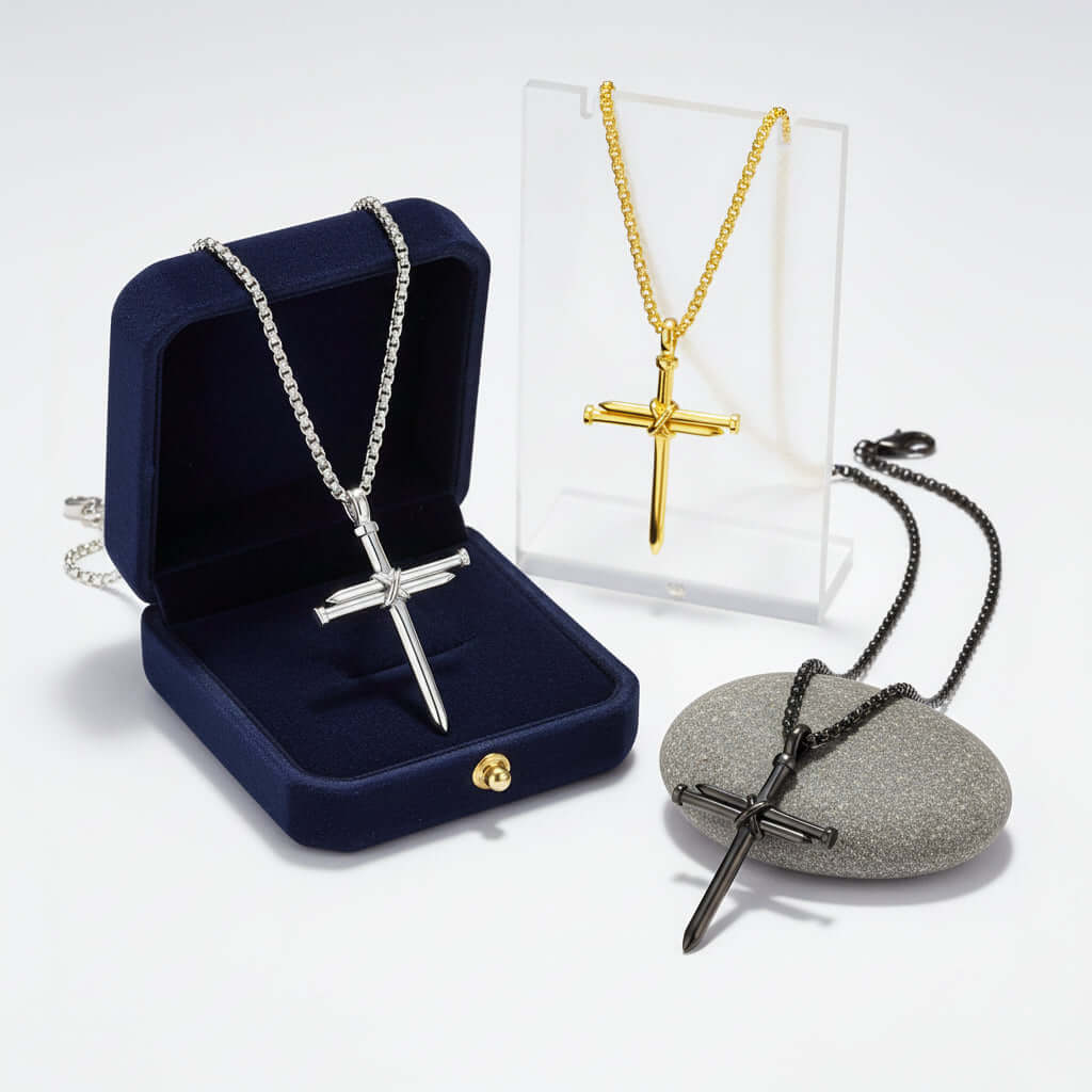 Gold and Black Cross Necklace – Men's Stainless Steel Nail Pendant - Hadi Craft