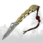 Golden Kylin Damascus Folding Knife – Brass Handle EDC Knife - Hadi Craft