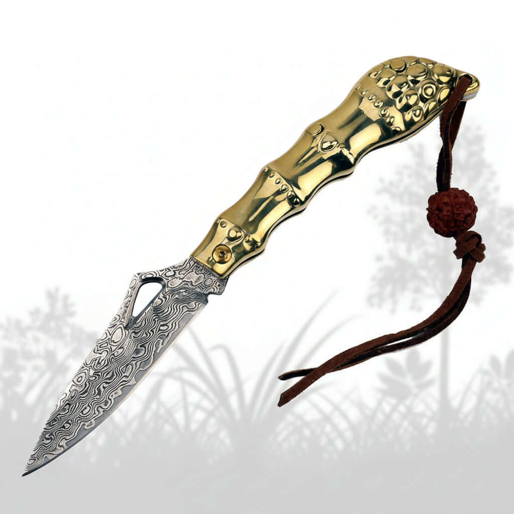 Golden Kylin Damascus Folding Knife – Brass Handle EDC Knife - Hadi Craft