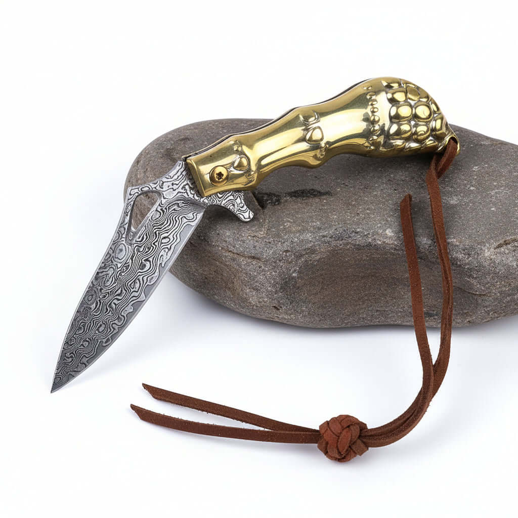 Golden Kylin Damascus Folding Knife – Brass Handle EDC Knife - Hadi Craft