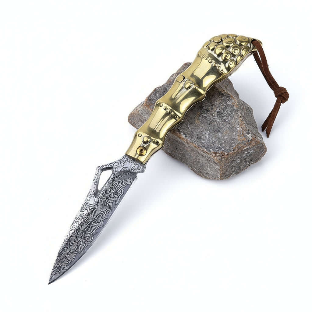 Golden Kylin Damascus Folding Knife – Brass Handle EDC Knife - Hadi Craft