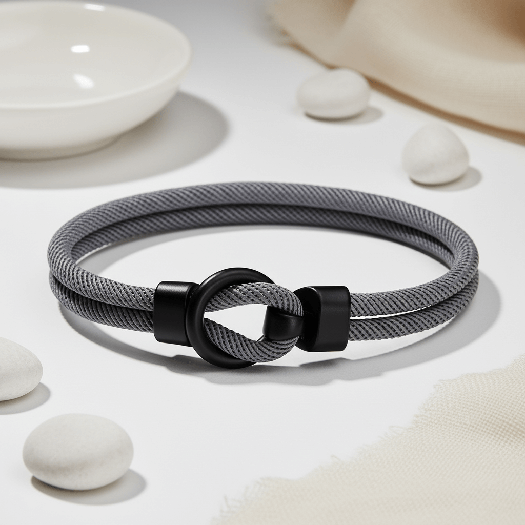 Gray Rope Bracelet – Minimalist Men’s Bracelet with Black Magnetic Clasp - Hadi Craft