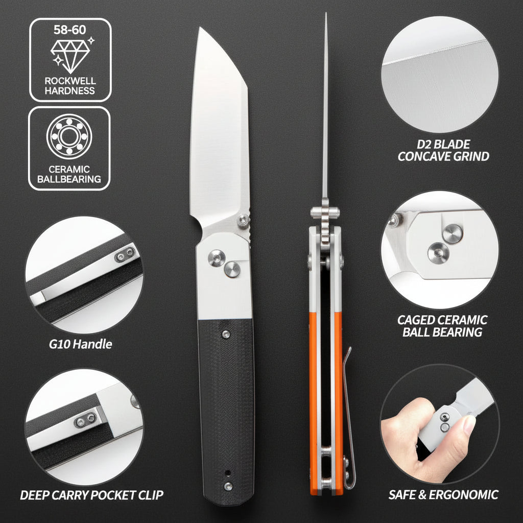 D2 Steel Tactical Folding Pocket Knife with G10 Handle – Outdoor & Survival