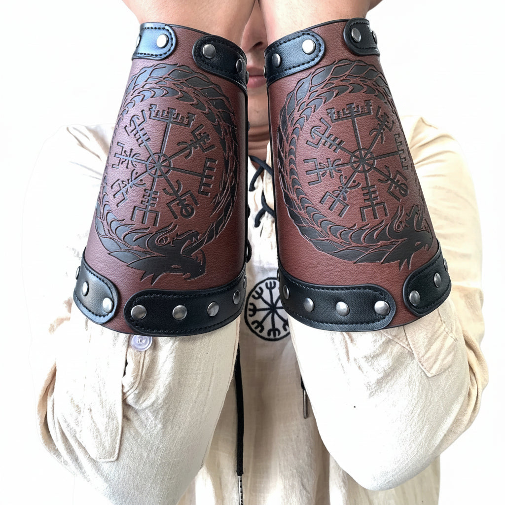 Nordic compass leather bracelet featuring unique Viking design and wide cuff style