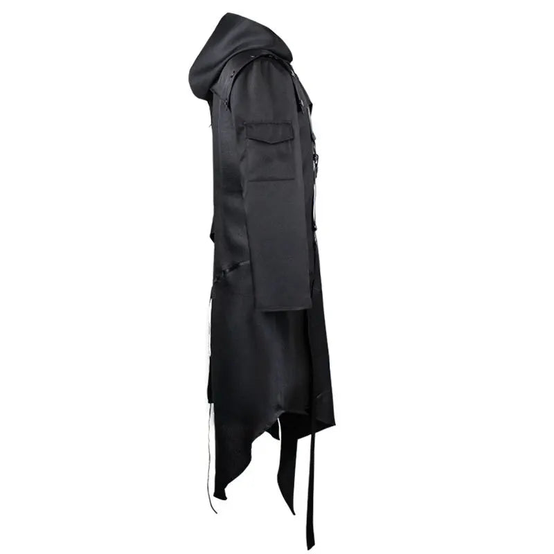 Side view of women's steampunk trench coat with hood and pockets
