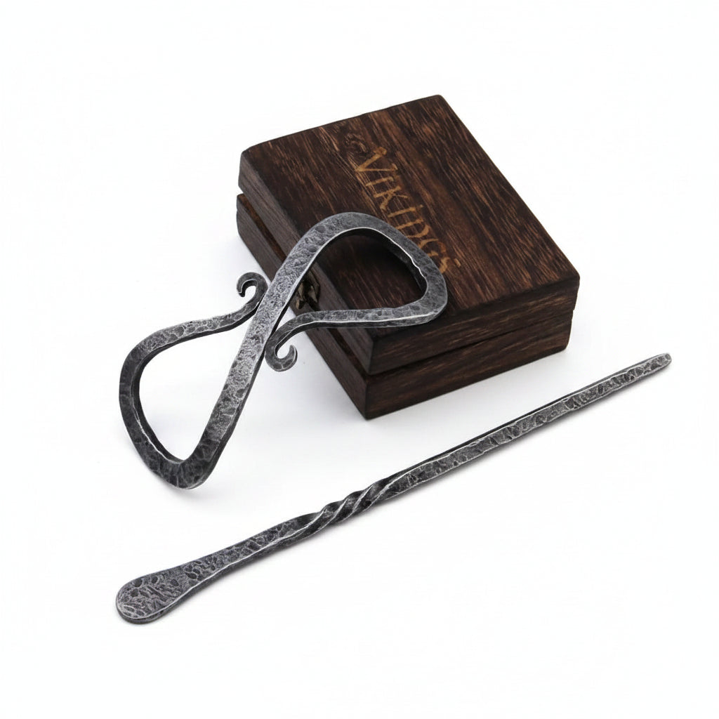 Viking hair pin Celtic knot shown with a decorative box, handcrafted zinc alloy hair accessory for women.