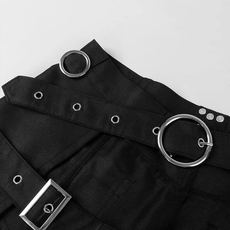 close-up of gothic punk kilt skirt with leather belt and metal accents