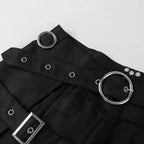 close-up of gothic punk kilt skirt with leather belt and metal accents
