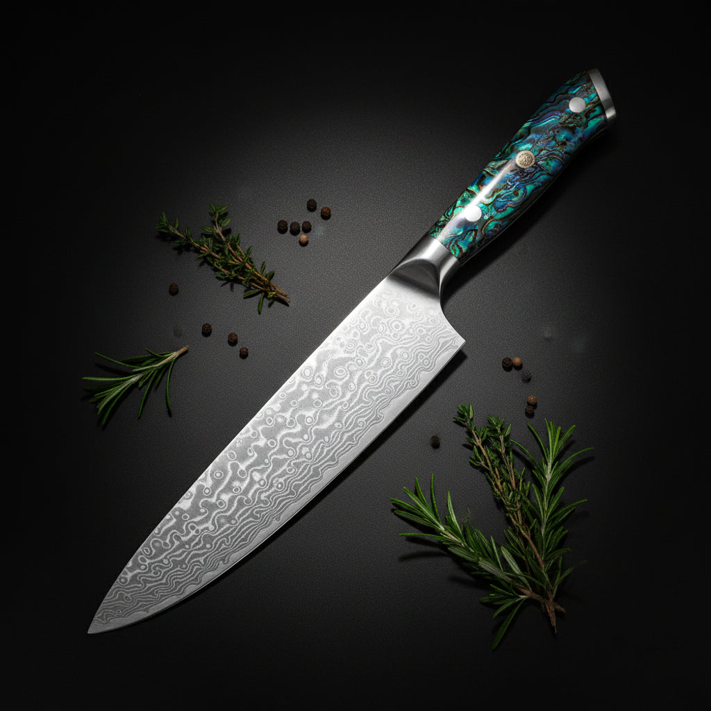 Damascus Chef Knife – Abalone Shell Ergonomic Handle