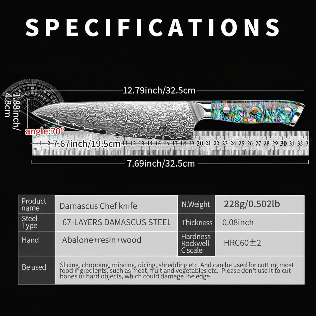 Damascus Chef Knife – Abalone Shell Ergonomic Handle