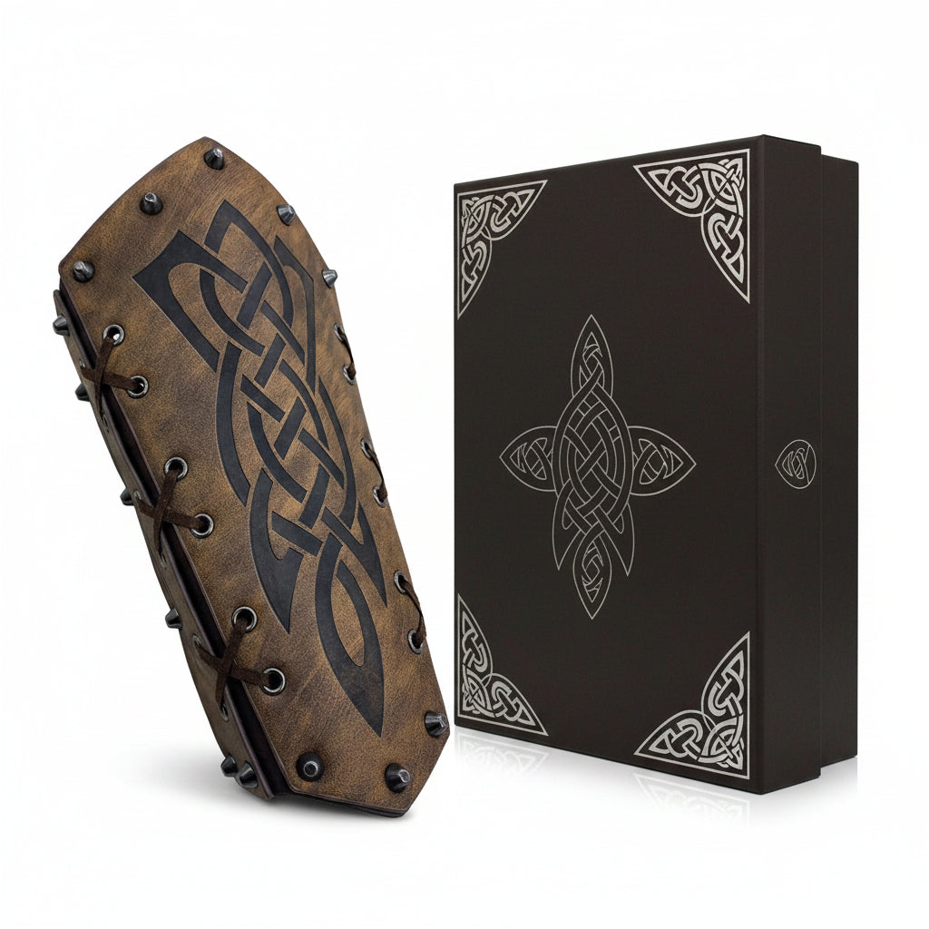Medieval cosplay arm bracers with Celtic designs and box packaging, crafted from PU leather for costume accessories.