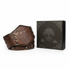 viking leather belt costume featuring heavy embossed design and sturdy craftsmanship in a stylish presentation box.