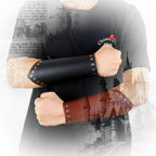 PU leather Viking arm guard displayed on arms showcasing stylish design and rugged craftsmanship.