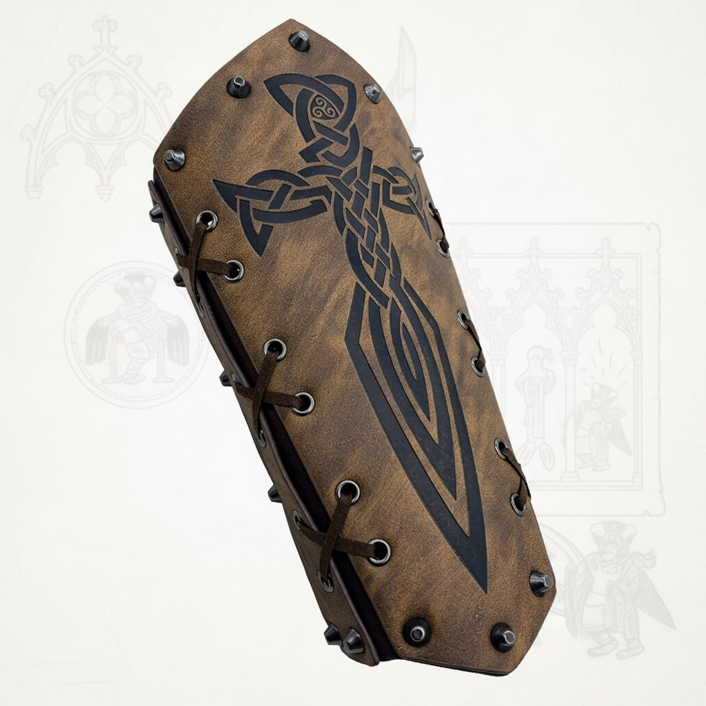 Medieval cosplay arm bracers featuring intricate embossed patterns and sword design in durable PU leather.