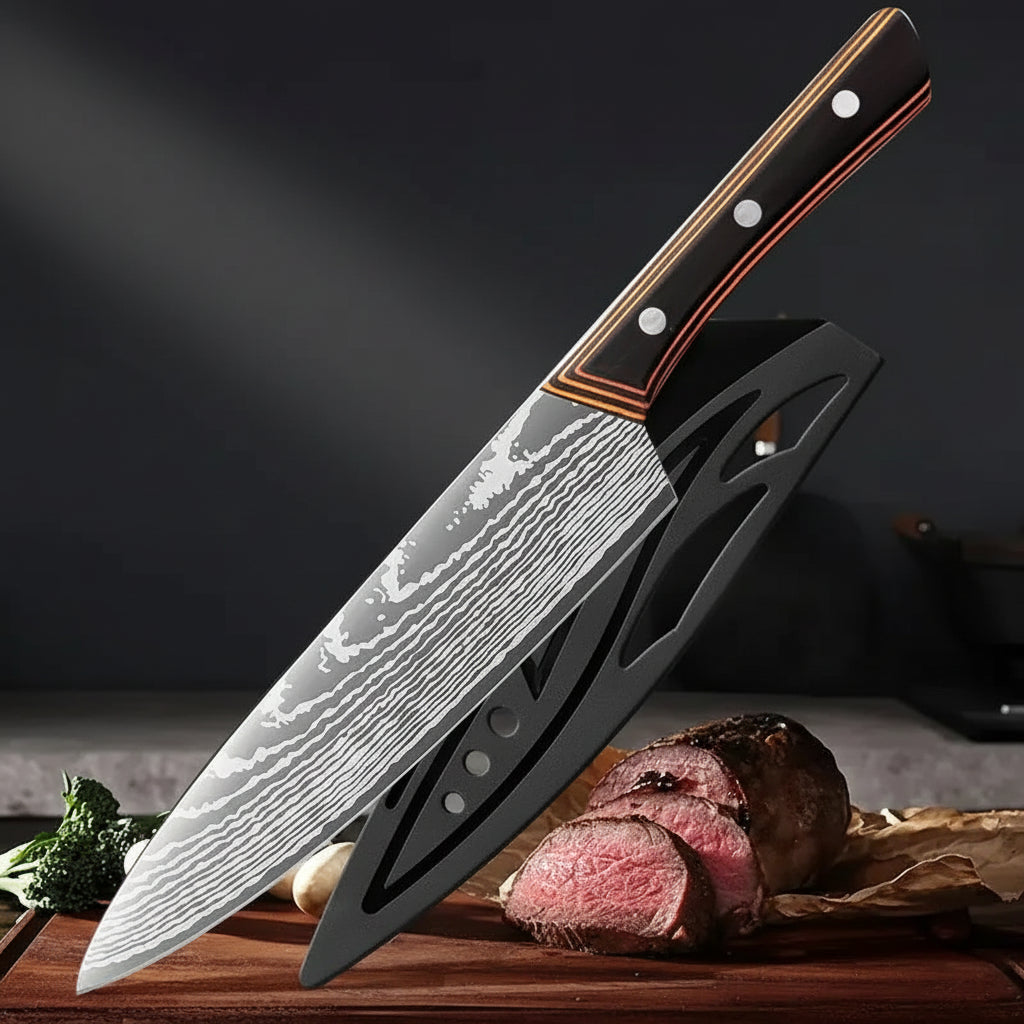 Chef's knife with a wooden handle on a cutting board with sliced meat and vegetables. Hadi Craft USA
