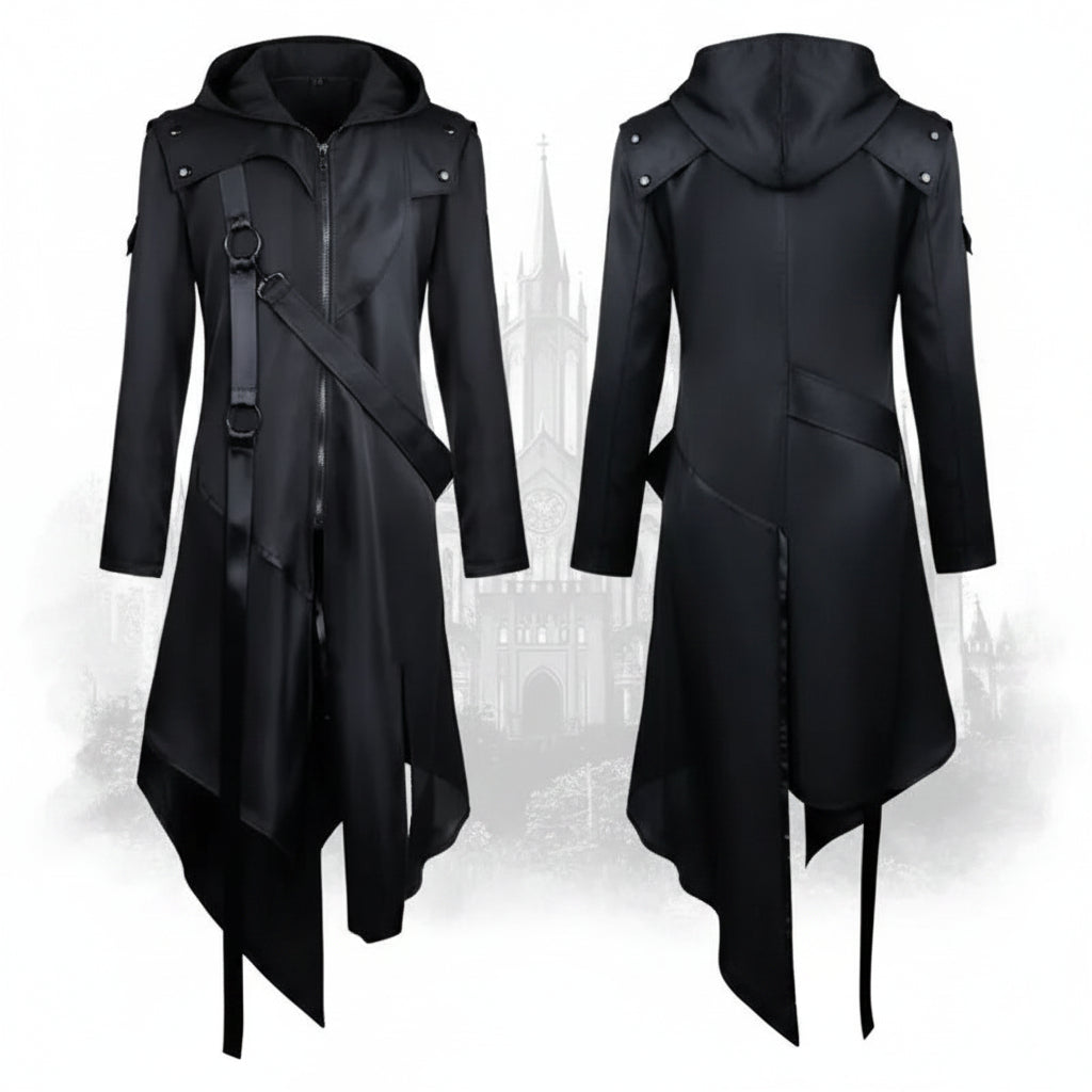 women's steampunk trench coat with hood and unique asymmetric cut