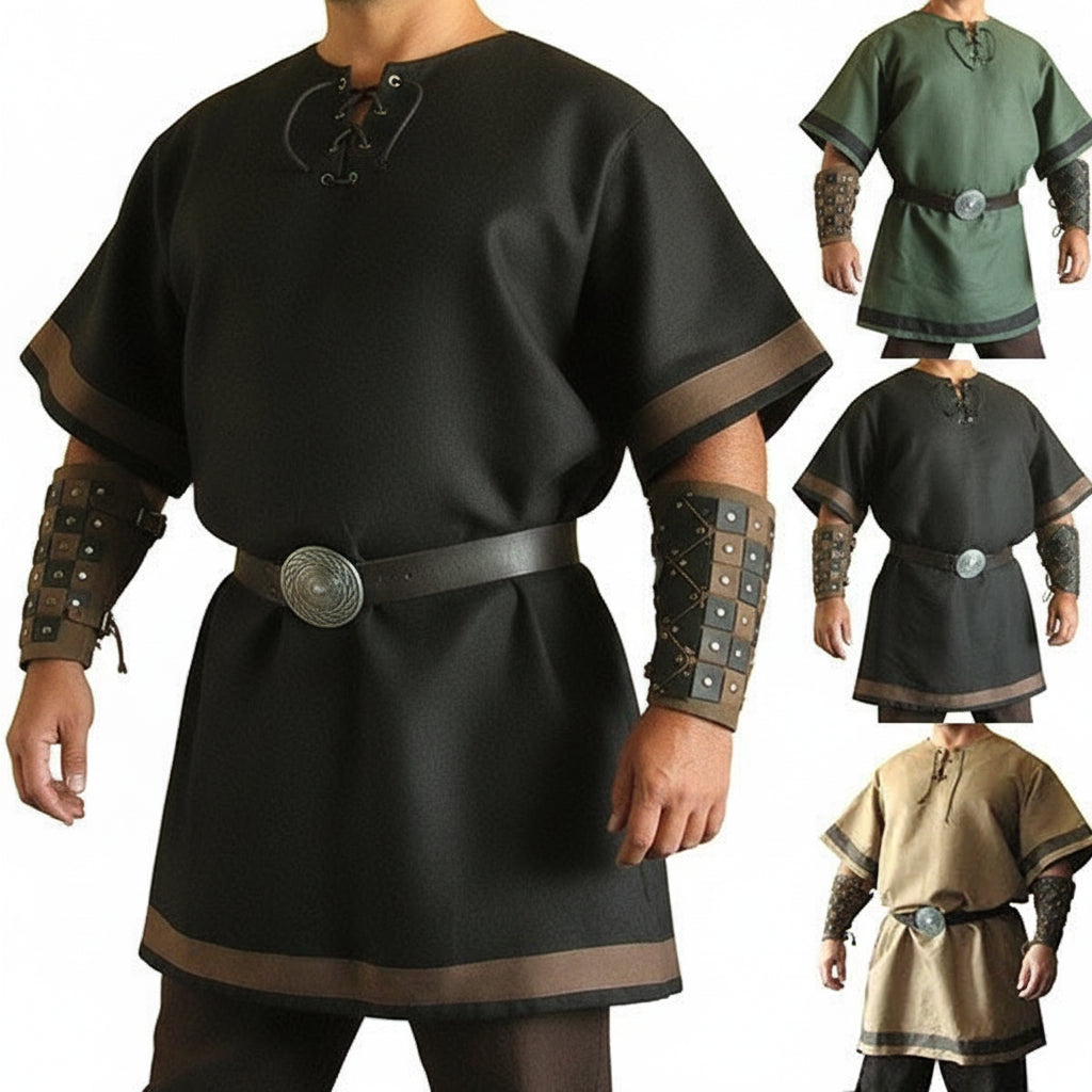 viking warrior costume featuring a medieval style shirt with arm guards and belt in various colors