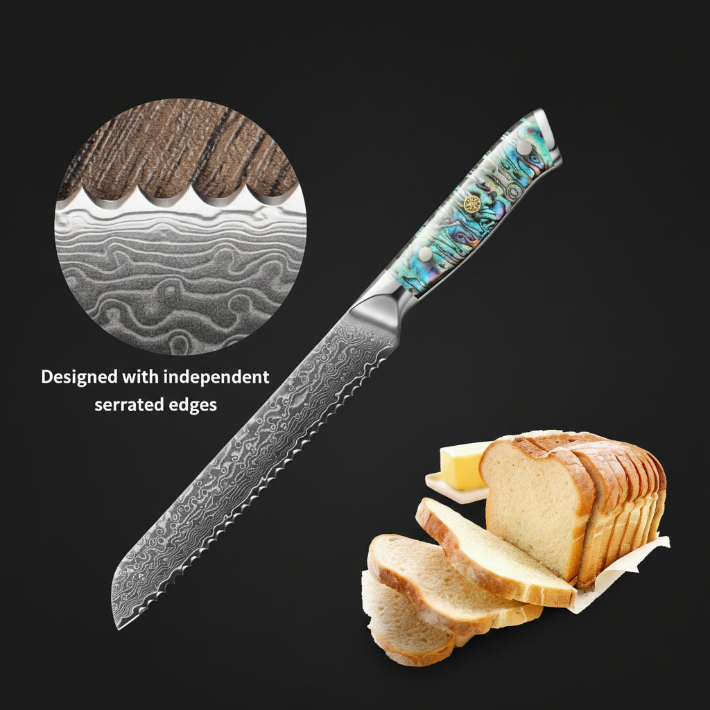 8-Inch Damascus Bread Knife – 67-Layer Steel, Abalone Shell Handle