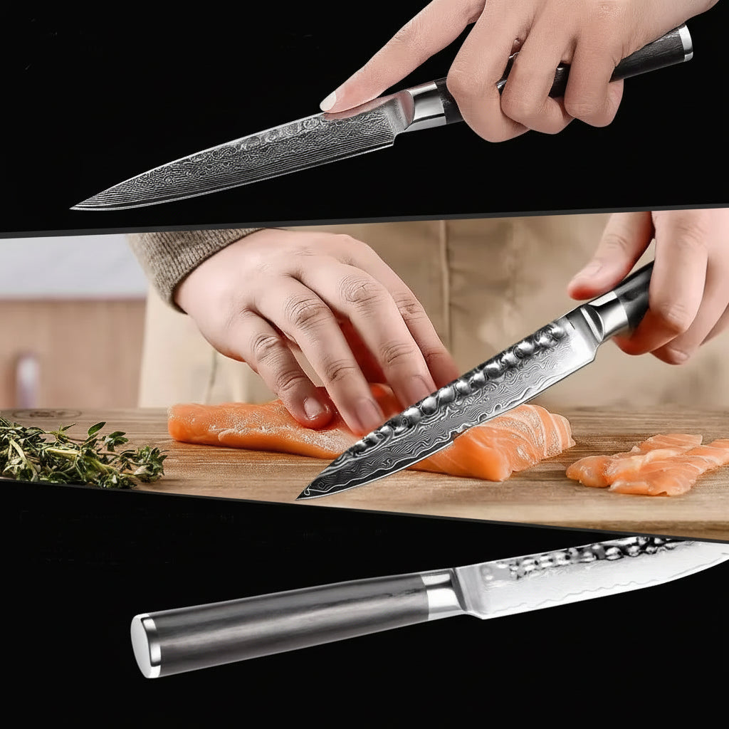 Damascus Steel Fruit & Fillet Knife — Vintage Wood Handle Chef Knife