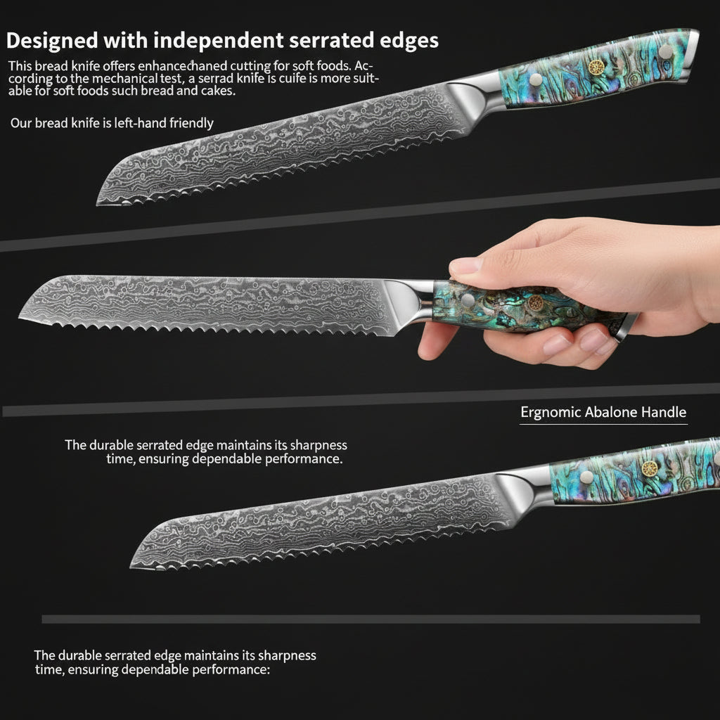 8-Inch Damascus Bread Knife – 67-Layer Steel, Abalone Shell Handle