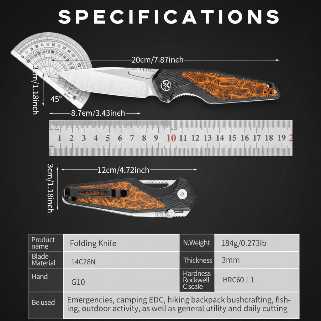 EDC Folding Pocket Knife – 14C28N Steel, G10 Handle