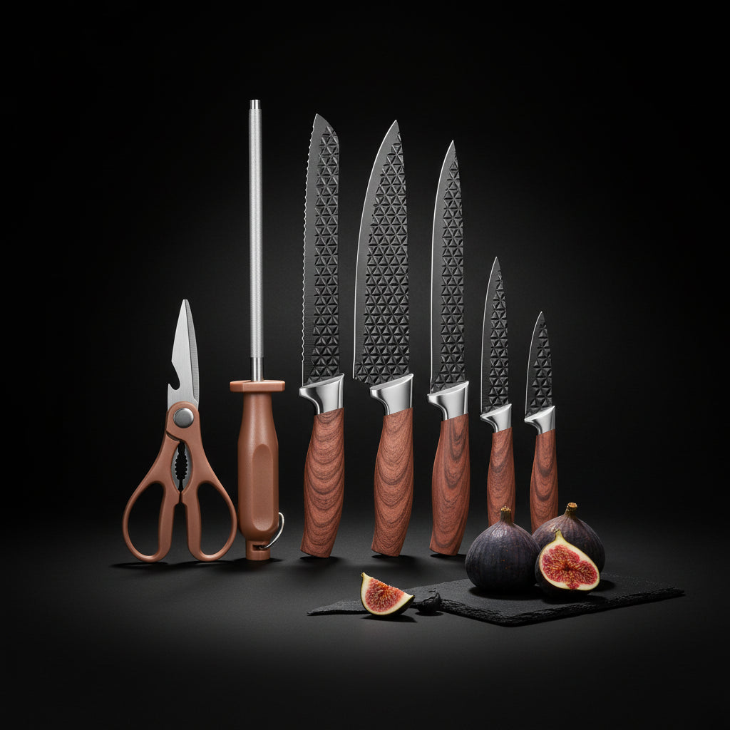 Set of knives with textured handles and a pair of scissors hadi craft USA