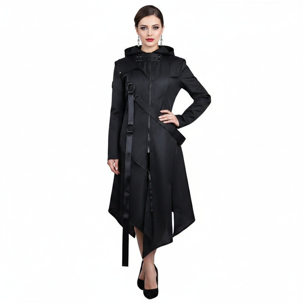 Women's steampunk trench coat in sleek black design featuring a hood and stylish belt.
