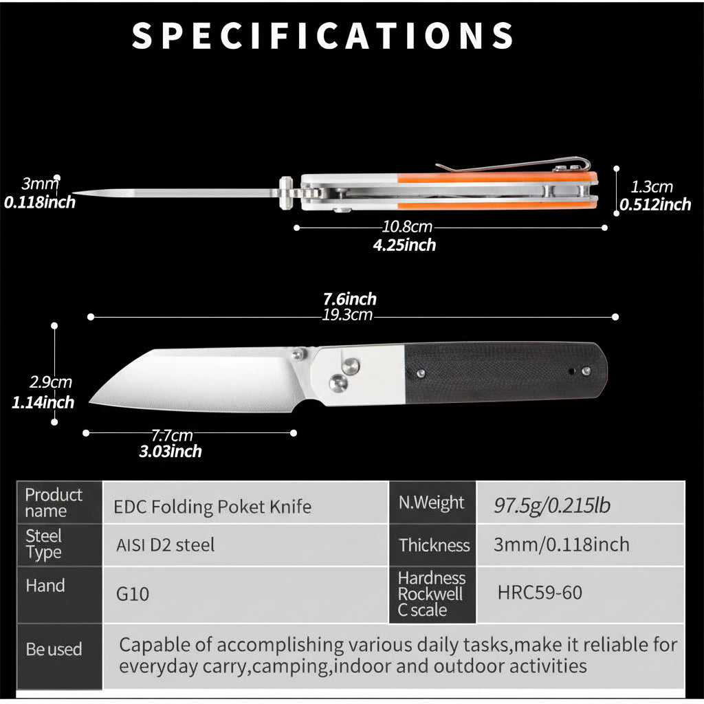 D2 Steel Tactical Folding Pocket Knife with G10 Handle – Outdoor & Survival