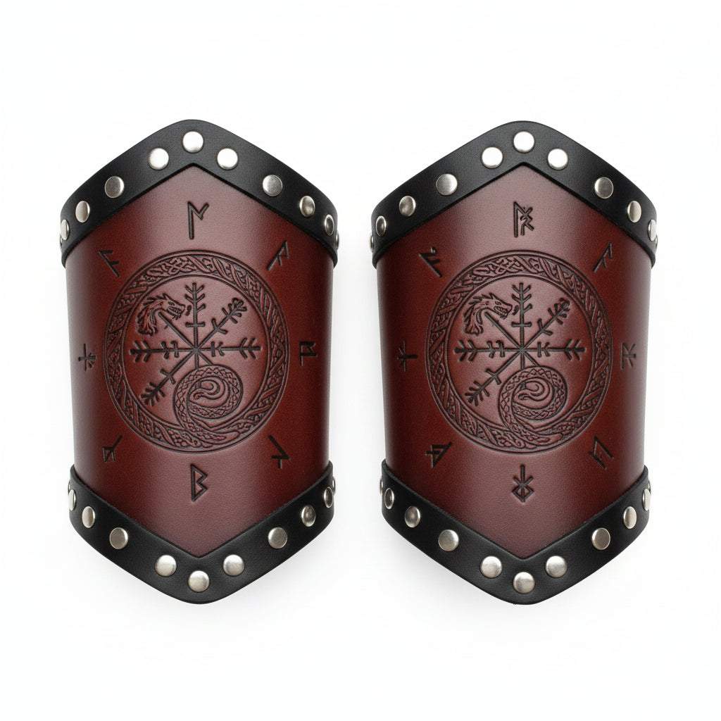 Medieval Viking Wear Nordic Compass Leather Bracelet Wide Arm Gauntlet Bracer