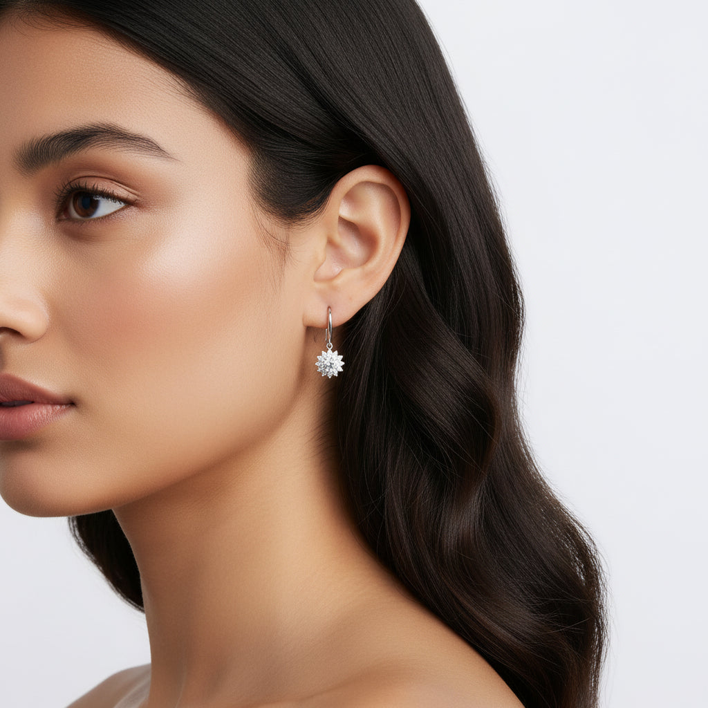 Sterling Silver White Gold Plated Moissanite Sunflower Dangle Earrings Wedding Jewelry S925