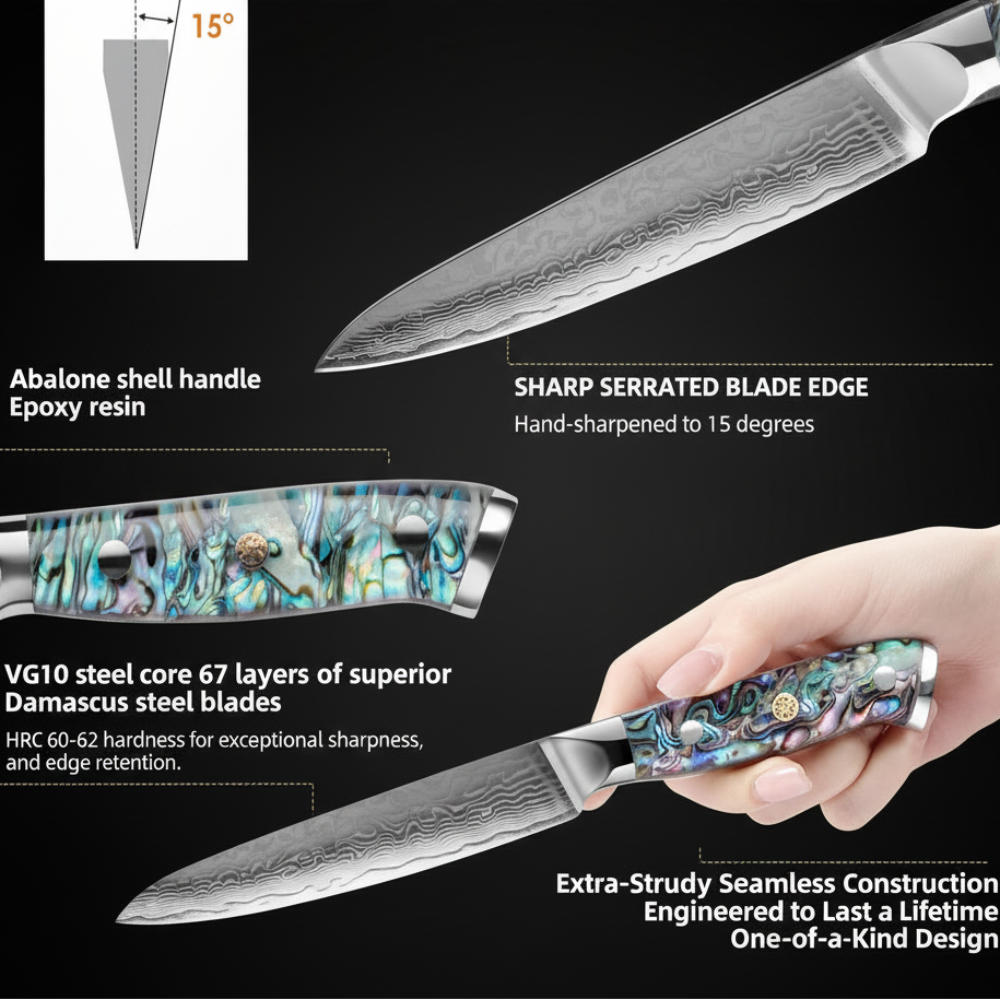 67-Layer Damascus Steel Utility Knife – Abalone Shell Handle, Professional Kitchen Knife