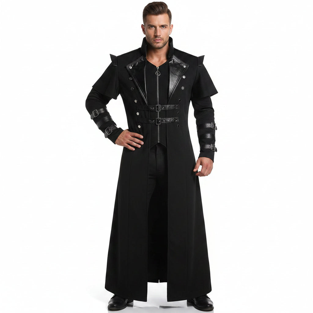 Gothic steampunk long coat featuring bold design and craftsmanship