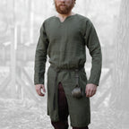 Men's medieval knight warrior costume shirt featuring a classic green tunic design.