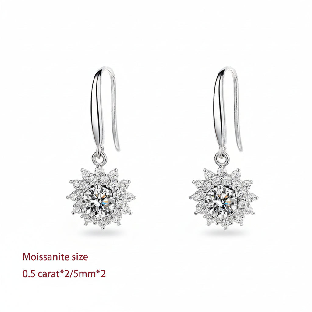 Sterling Silver White Gold Plated Moissanite Sunflower Dangle Earrings Wedding Jewelry S925