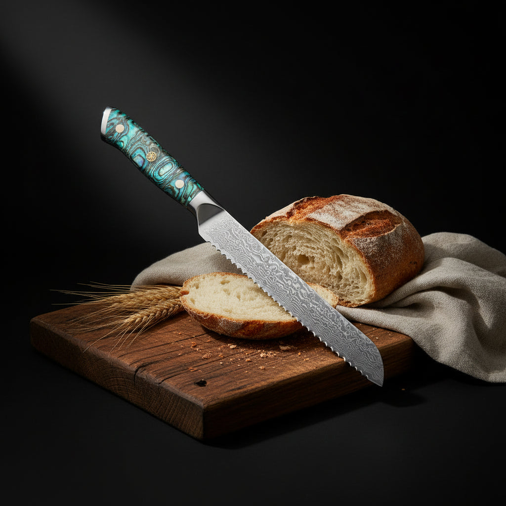 8-Inch Damascus Bread Knife – 67-Layer Steel, Abalone Shell Handle