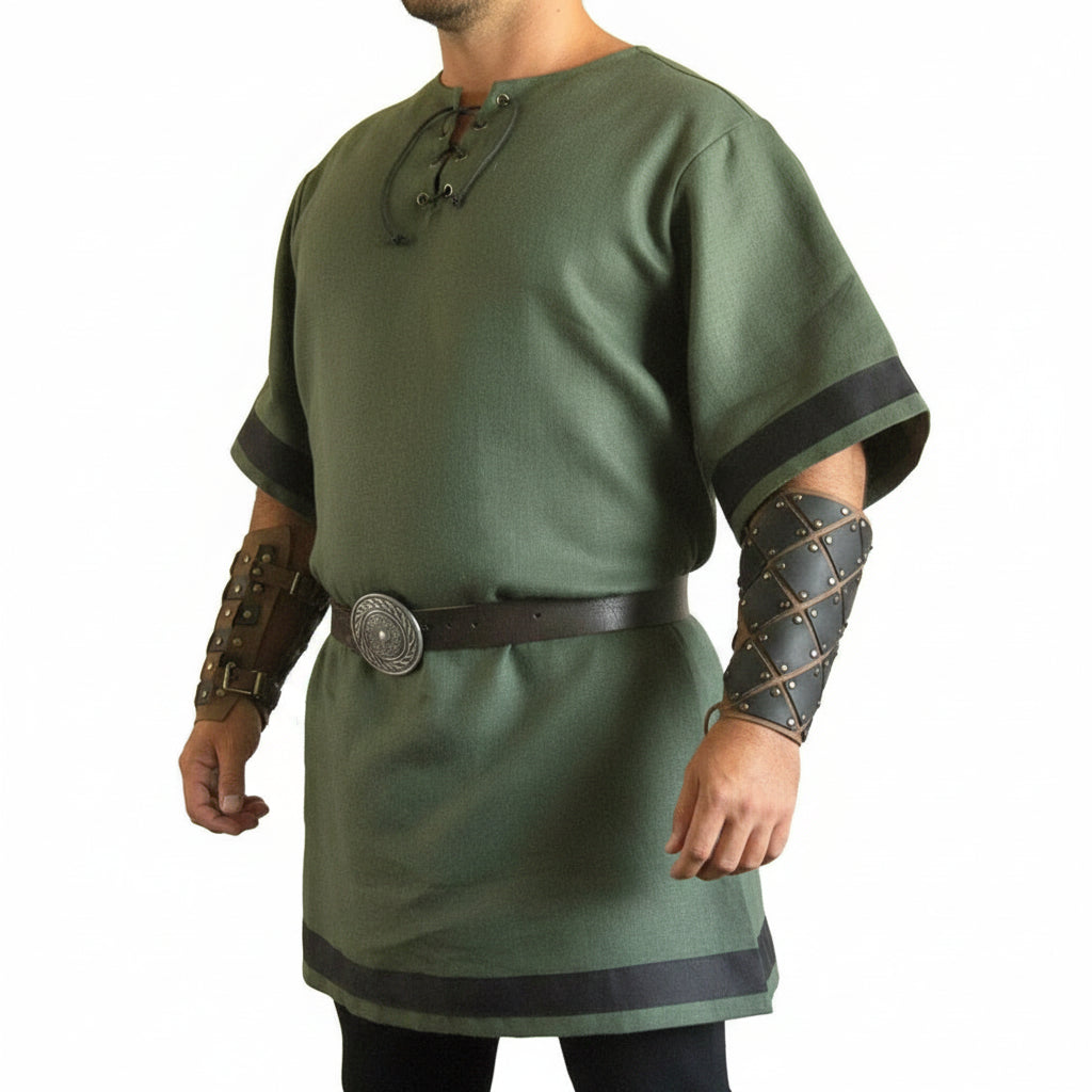 viking warrior costume featuring a green medieval shirt with leather accents