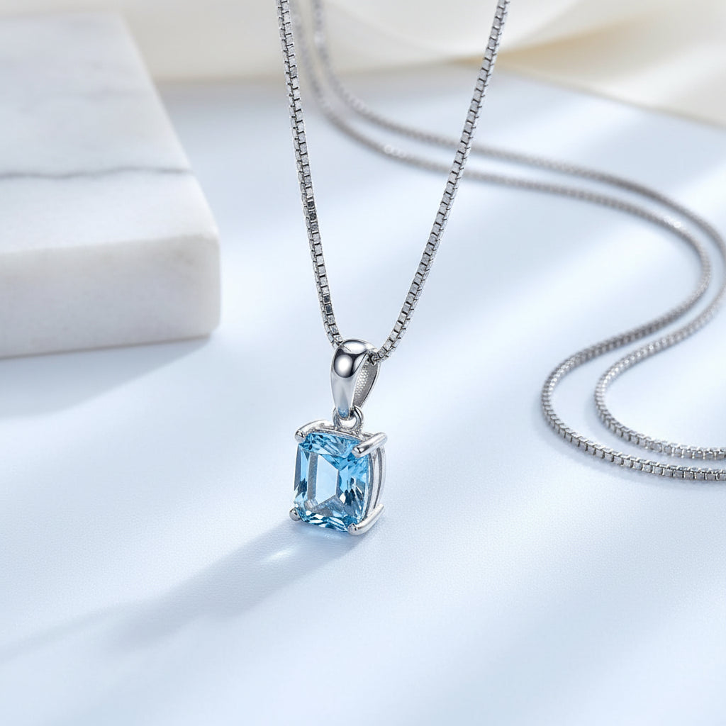 Fine Jewelry Jewelry 925 Sterling Silver Blue Rectangle Stone Pendant with Box